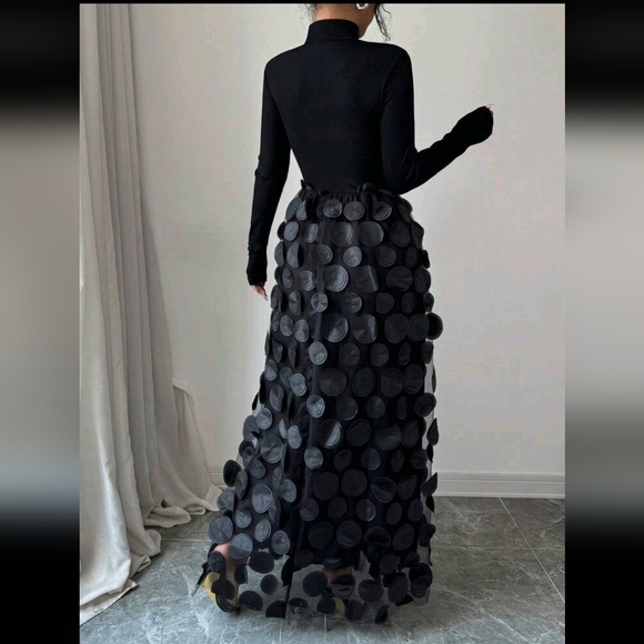 Women's Turtleneck Ribbed Splice Floral Mesh Elegant Long Sleeve Dress - Picture 2 of 4